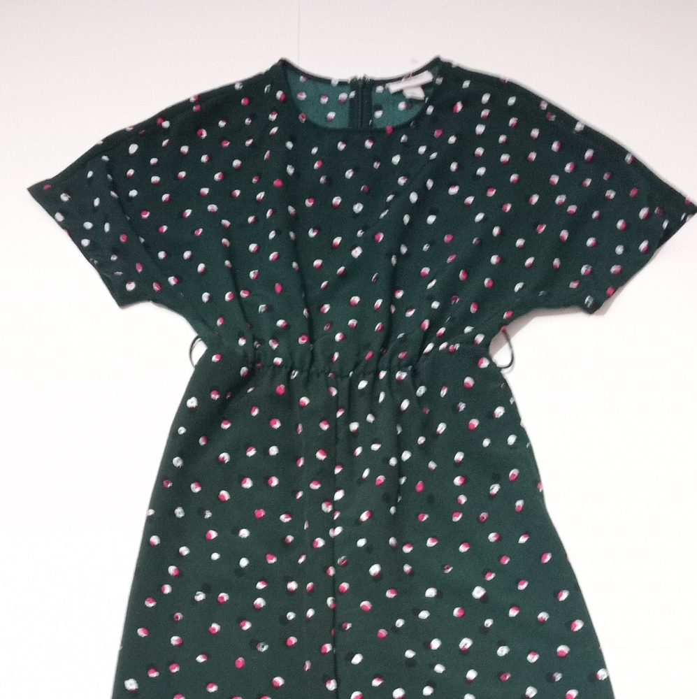 MONKI Long leg dark green jumper with white-pink polka dots, size XS
